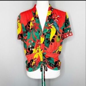 Women’s INC International Concepts Tropical Print V-Neck Drawstring Top Sz:XL